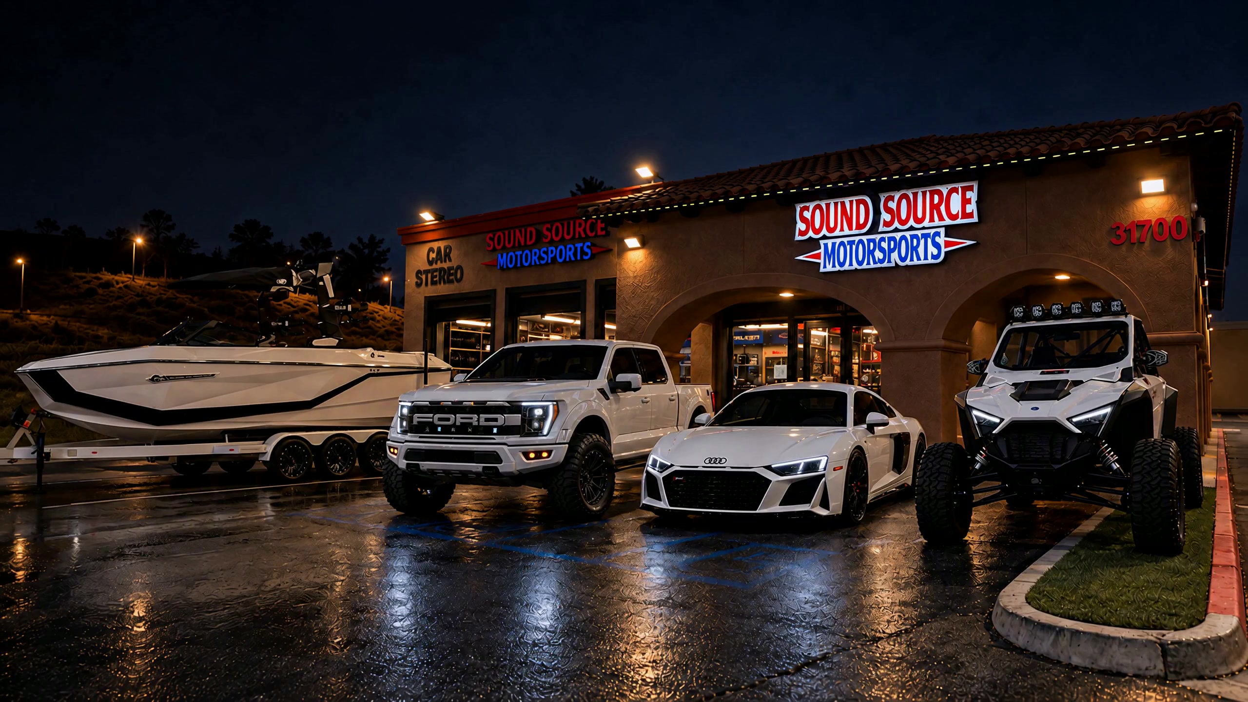 Boat, truck, white Audi R8 and off-road vehicle outside Sound Source Motorsports at night